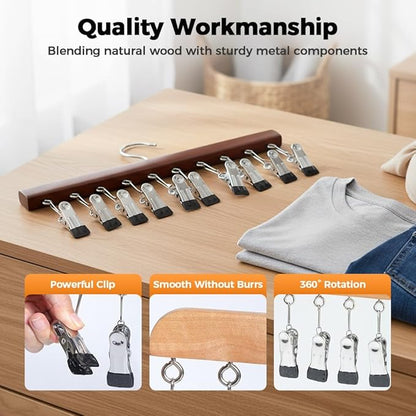 Legging Organizer for Closet, 2026 New Pants Hangers with 10 Clips, Space-Saving Clothes and Hat Storage Hook, Hanging Closet Organizer Hanger Clips for Skirts, Shorts, Trousers, Socks (Wood)