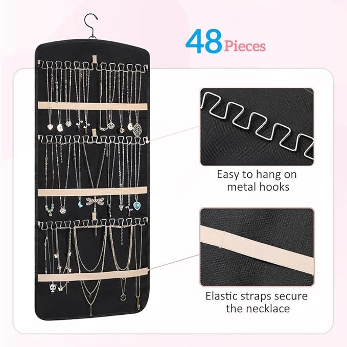 Hanging Jewelry Organizer Storage Roll with Hanger Metal Hooks Double-Sided Jewelry Holder for Earrings, Necklaces, Rings on Closet, Wall, Door 33 * 14IN (Black)