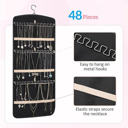 Hanging Jewelry Organizer Storage Roll with Hanger Metal Hooks Double-Sided Jewelry Holder for Earrings, Necklaces, Rings on Closet, Wall, Door 33 * 14IN (Black)