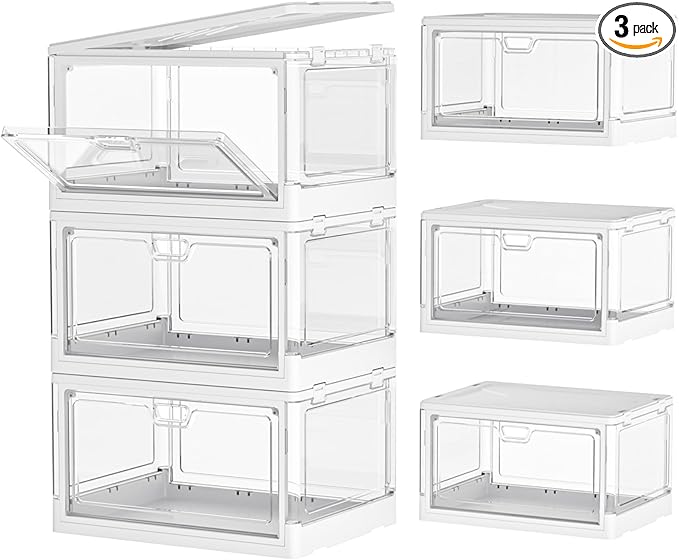 Kmiectse Clear Storage Bin with Lid 3 Pack 【Stackable & Sturdy】 Plastic Multifunctional Folding Storage Bins for Bedroom, Living Room, Study,Room, 23 QT Folding Box with Magnetic Door