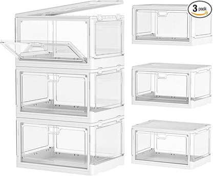 Kmiectse Clear Storage Bin with Lid 3 Pack 【Stackable & Sturdy】 Plastic Multifunctional Folding Storage Bins for Bedroom, Living Room, Study,Room, 23 QT Folding Box with Magnetic Door