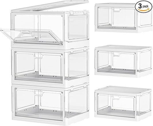 Kmiectse Clear Storage Bin with Lid 3 Pack 【Stackable & Sturdy】 Plastic Multifunctional Folding Storage Bins for Bedroom, Living Room, Study,Room, 23 QT Folding Box with Magnetic Door