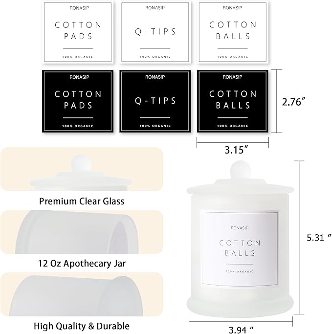 Ronasip 3 Pack Qtip Holder Dispenser, 16oz Bathroom Organizer and Storage Canisters, Glass Apothecary Jars with Lid - Home Decor, Room Decor Aesthetic (Frosted White)