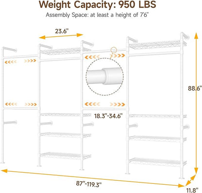 ONBRILL H4 Wall Mounted Closet System, Expandable Industrial Pipe Clothes Rack Clothing Rack for Hanging Clothes, Heavy Duty Closet Organizers and Storage in Wardrobe Closet - White