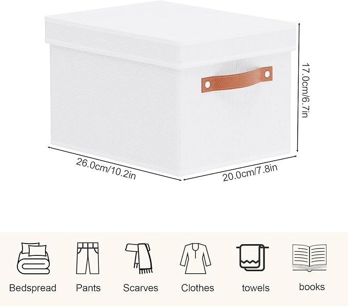 Fabric Storage Boxes with Lids, 10.2×7.8×6.7 Inch Clothes Bins for Shelves, Closet Organizers for Organizing with Handles, White, 3-Pack