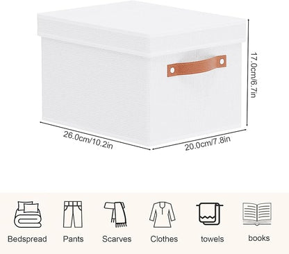Fabric Storage Boxes with Lids, 10.2×7.8×6.7 Inch Clothes Bins for Shelves, Closet Organizers for Organizing with Handles, White, 3-Pack