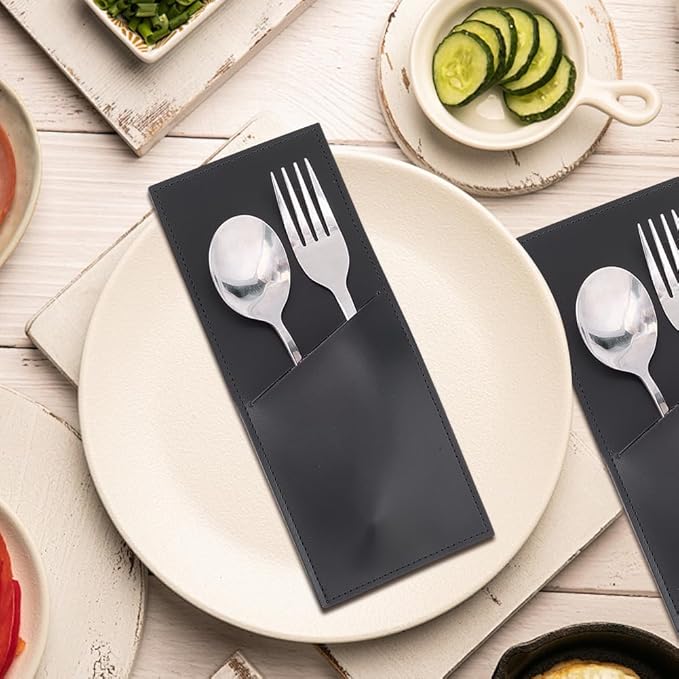 2PCS Black PU Leather Knife and Fork Cutlery Sleeves Rustic Utensils Storage Holder Leather Silverware Pouch Bags Vintage Flatware Tableware Place Set Organizer for Home Kitchen Table Decor