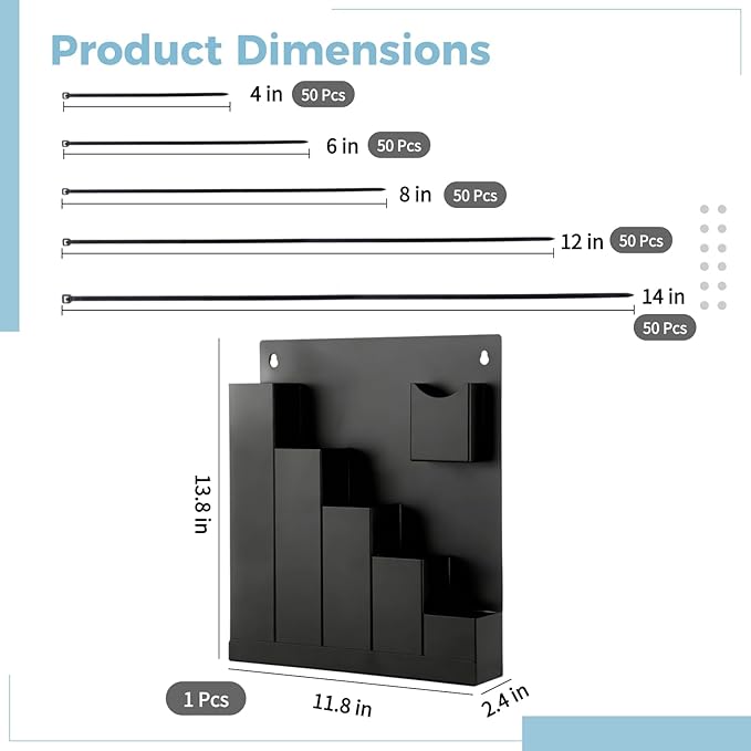 Cable Tie Holder, Wall-Mounted Storage Rack with 250 Pcs Zip Ties, Metal Wall Storage Organizer for Garage, Shed, Workshop, Tool Cart