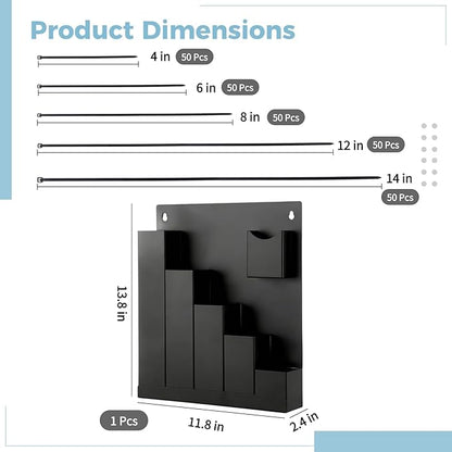 Cable Tie Holder, Wall-Mounted Storage Rack with 250 Pcs Zip Ties, Metal Wall Storage Organizer for Garage, Shed, Workshop, Tool Cart