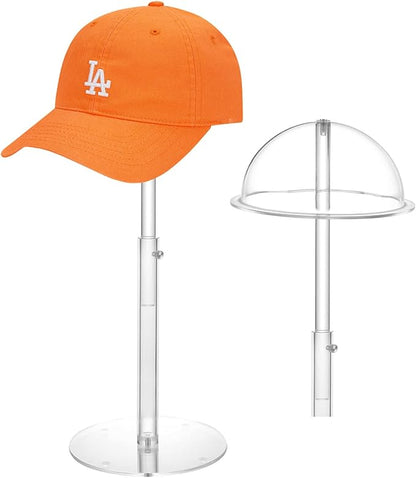 Adjustable Acrylic Hat Display Stand, 8"-16" Clear Domed Baseball Cap Rack, Height Adjustable Cowboy Hats Display, Durable Tabletop Hat Holder and Wig Stand for Closet, Vendors, Counter, Salons