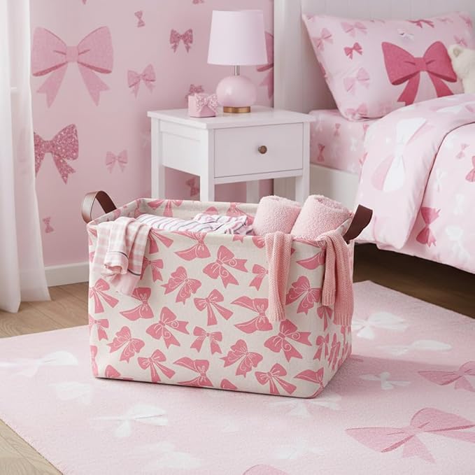 Pink Bow Storage Basket Waterproof Canvas Toy Storage Bin Bow Room Decor Collapsible Outdoor Basket with Leather Handles Coquette Room Decor Blanket Baskets For Closets,Bedrooms,Gifts Baskets