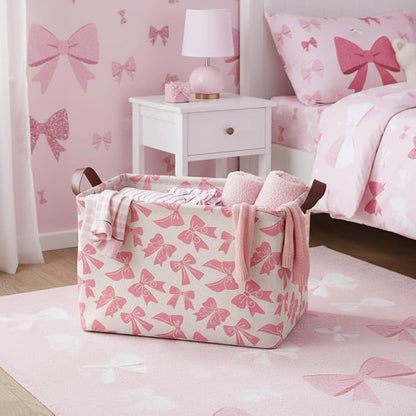 Pink Bow Storage Basket Waterproof Canvas Toy Storage Bin Bow Room Decor Collapsible Outdoor Basket with Leather Handles Coquette Room Decor Blanket Baskets For Closets,Bedrooms,Gifts Baskets