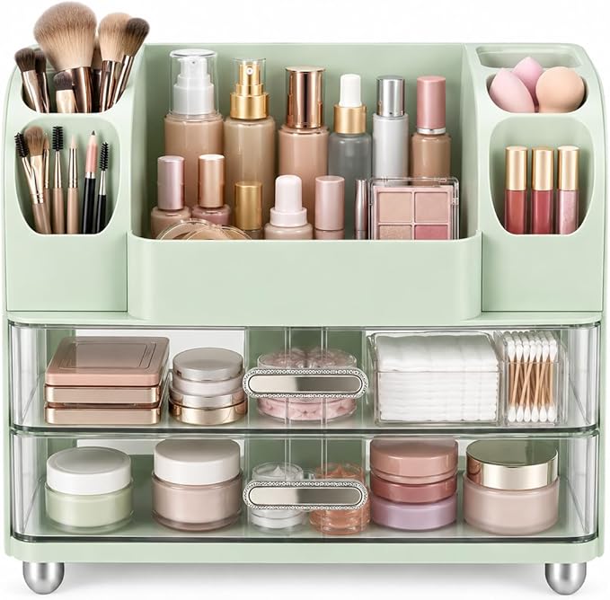 Makeup Organizer with 2 Drawers, Cosmetic Display Case, Storage Holder for Vanity, Bathroom Counter, Desk, Beauty Supplies (Green)