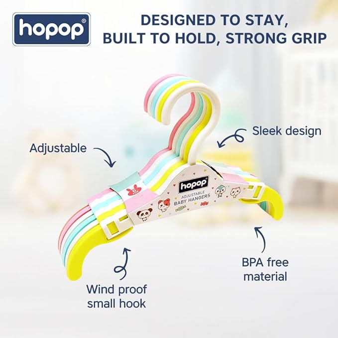 Hopop Telescopic Adjustable Anti Slip Plastic Hanger with Hooks for Baby & Kids Clothes (Pack of 12, Multicolor Hangers)