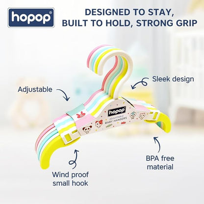 Hopop Telescopic Adjustable Anti Slip Plastic Hanger with Hooks for Baby & Kids Clothes (Pack of 12, Multicolor Hangers)