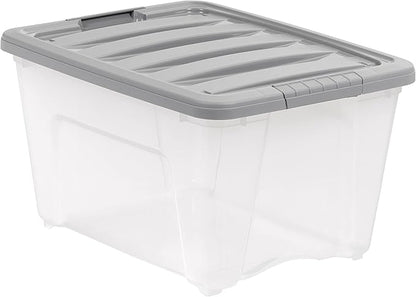 Amazon Basics Plastic Storage Containers with Secure Latching Lids, Stackable Organization Bins, Clear/Grey, 32 Quart, Set of 6