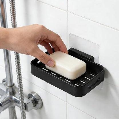 Shower Soap Dish Soap Bar Holder, 2 Pcs Soap Holder for Shower Wall, Plastic No Drill Adhesive Mount Removable Soap Saver Sponge Holder for Bathroom Kitchen Sink, Black