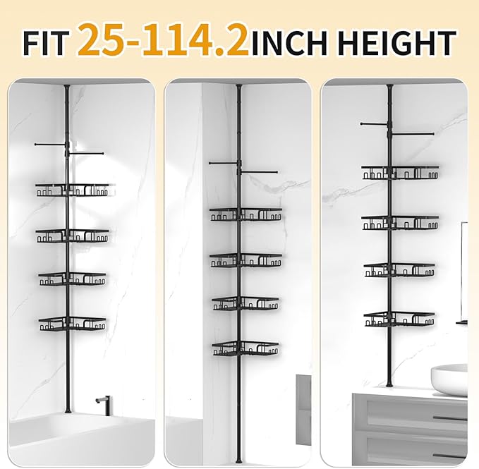KEGII Shower Caddy Tension Pole with 2 Towel Bars, Corner Shower Organizer Shelves for Bathtub Shampoo Storage, Adjustable Shower Tension Rod with Razor Holder & Hooks