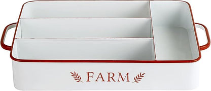 Silverware Drawer Organizer Tray with 4 Slots Farmhouse Kitchen Cutlery Tray for Utensils, Spoons, Knives, Forks, Metal Flatware Holder White with Red Trim