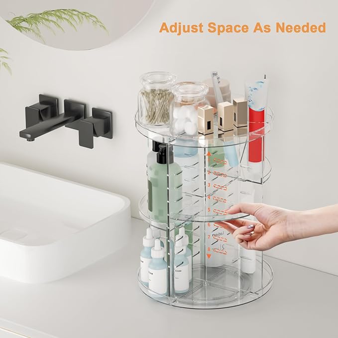 Rotating Makeup Organizer, DIY 8 Adjustable Layers Spinning Skincare Organizer, Cosmetic Display Case with Brush Holder Perfume Tray, Multi-Function Storage Carousel for Vanity Bathroom Countertop
