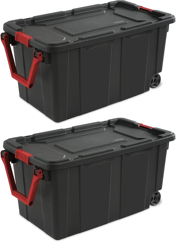 40-Gallon Wheeled Storage Bins (2-Pack) - Heavy Duty Plastic Totes with Lids & Handles - Industrial Garage/Utility Containers for Tools, Camping Gear (36.9" x 21.4") (Black)
