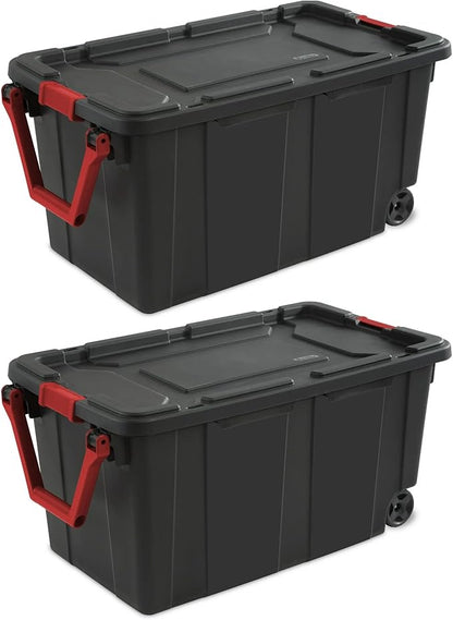 40-Gallon Wheeled Storage Bins (2-Pack) - Heavy Duty Plastic Totes with Lids & Handles - Industrial Garage/Utility Containers for Tools, Camping Gear (36.9" x 21.4") (Black)