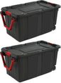 40-Gallon Wheeled Storage Bins (2-Pack) - Heavy Duty Plastic Totes with Lids & Handles - Industrial Garage/Utility Containers for Tools, Camping Gear (36.9" x 21.4") (Black)