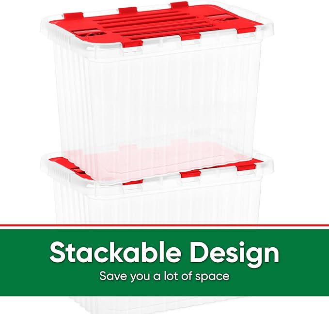 Superio Red Storage Box with Red Hinged Lids, Plastic Container Bins for Organizing with Attached Lid, Stackable Crates, BPA Free, Organizers for Home and Office, 27.5 Quart (17"x11.65"x12.25)