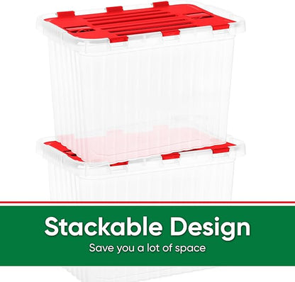 Superio Red Storage Box with Red Hinged Lids, Plastic Container Bins for Organizing with Attached Lid, Stackable Crates, BPA Free, Organizers for Home and Office, 27.5 Quart (17"x11.65"x12.25)