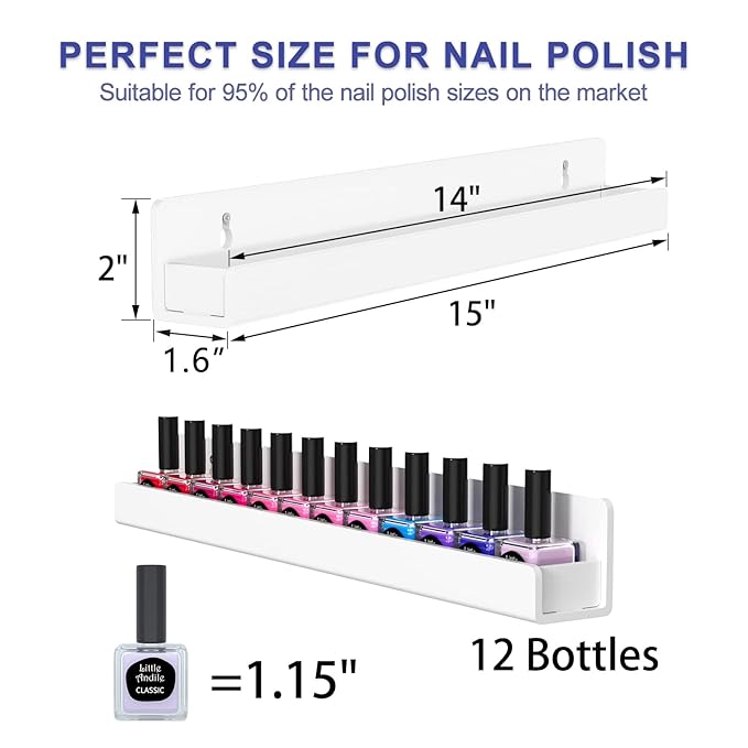 FEMELI Nail Polish Wall Rack: 6 Shelves 15 Inch White Acrylic Nail Polish Holder Organizer for 66-90 Bottles, Multi-Purpose Acrylic Floating Shelves (15 Inch, White)