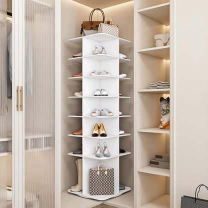 Shoe Organizer 7-Tier Spinning Shoe Rack - 360° Rotating Storage Organizer for 20-30 Pairs, Space Saving Narrow Design for Entryway/Closet Closet Handbag Display Rotate (White + Square)