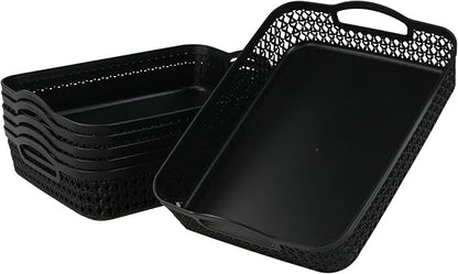 Large Plastic Shallow Storage Baskets Trays, Plastic A4 Desktop Basket, Black, 6 Packs