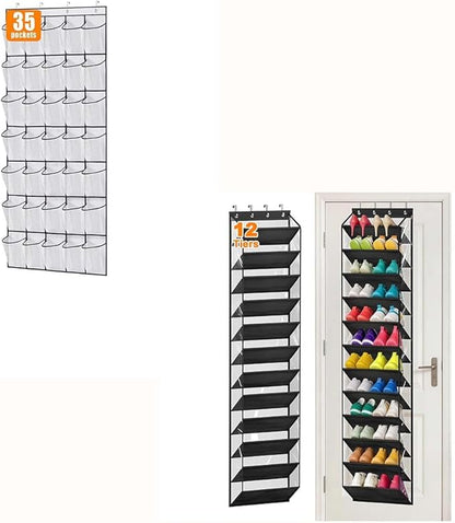 MISSLO 35 Large Pockets Over The Door Shoe Organizer and 36 Pairs Clear Over the Door Shoe Organizer