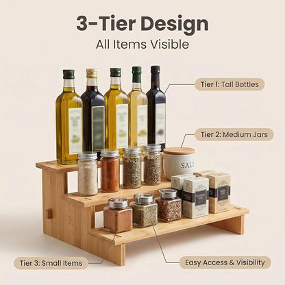 JinDoWin 3 Tiered Spice Rack Organizer for Cabinet,Spice Organization for Cabinet,Seasoning Organizer,Spice Shelf and Spice Organizer for Cabinet,Pantry Organizers and Storage (1 Pack, Medium)