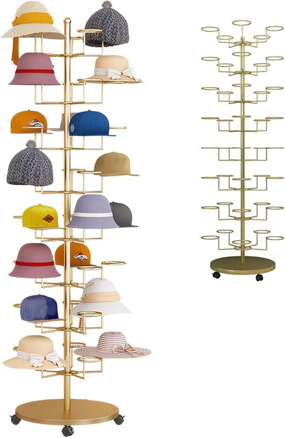 Standing Hat Rack Stand, Cowboy Hat Rack with 40 Hooks, 8 Tier Metal Hat Organizer Rack, Floor Hat Display Rack for Home Store Vendors(Gold,8 Tier)