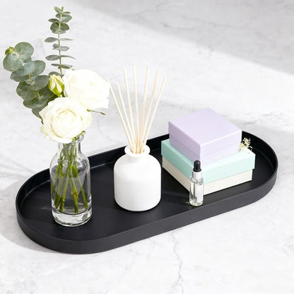 Bathroom Countertop Organizer, 11.8" x 5" Metal Bathroom Tray, Oval Decorative Tray Vanity Tray with Suede Bottom, Perfume Organizer & Jewelry Storage for Spa, Bedroom, Kitchen (Black)