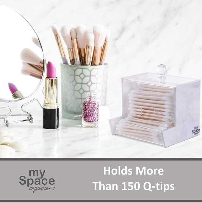 My Space Organizers Marble Acrylic Qtip Holder for Qtip Brand Cotton Swab Holder, Qtip Dispenser, Modern Bathroom Decor Organizer for Countertop Vanity Storage (White Marble)