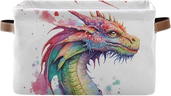 Large Storage Basket Watercolor Dragon Cube Storage Bin Canvas Fabric Organizer Handles Collapsible for Clothes Toys Bedroom Decorative