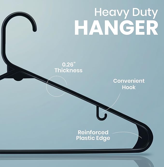 Utopia Home Plastic Hangers 50 Pack - Space Saving Clothes Hanger - Durable & Strong Closet Organizers and Storage with Built-in Strap Hooks - Essential for Shirts, Pants, Skirts & Coats (Black)