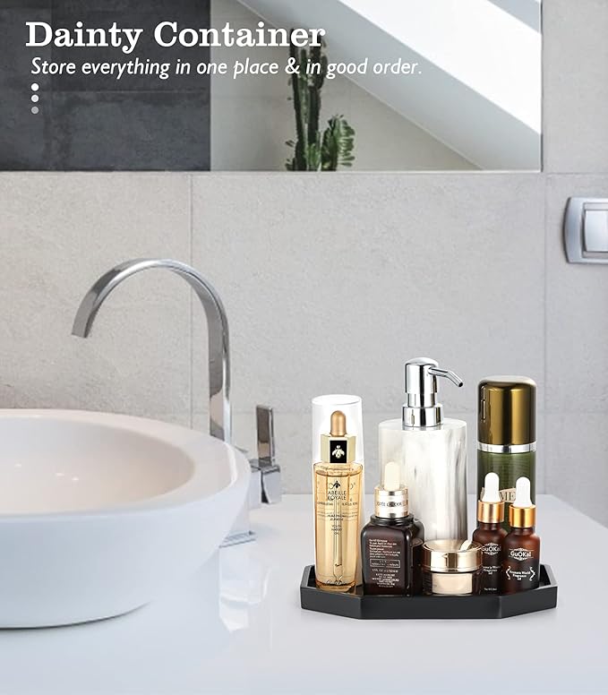 Emibele Vanity Tray - Resin Bathroom Jewelry Ring Dish, Small Octagon Perfume Tray for Dresser Countertop, Candle Decorative Tray, Toilet Tank Kitchen Sink, Marble Home Decor, Matte Black