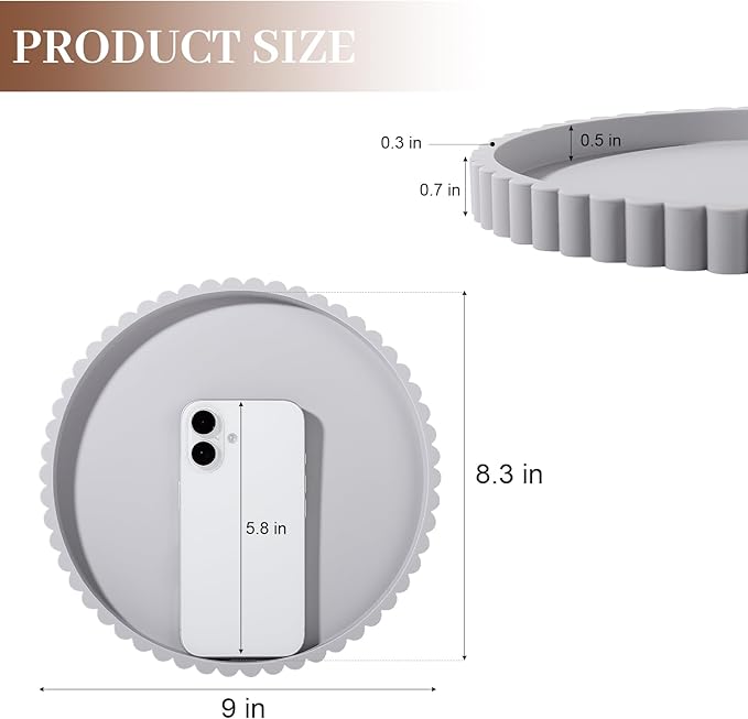 Round Bathroom Tray Silicone Kitchen Counter Decor Vanity Organizer Decorative Coffee Table Tray for Perfume, Candle, Soap Dish, 9 Inch, Light Gray