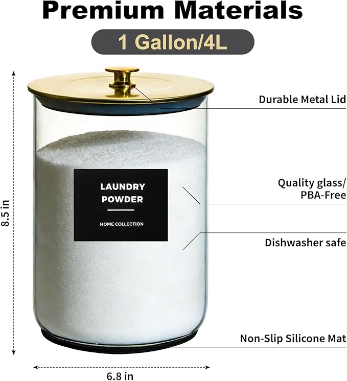 2 Pack 1 Gallon Glass Laundry Detergent Dispenser for Powder, 4L Large Laundry Pods Holder with Hygienic Plastic Lids & Metal Rim, Airtight Glass Canister Set with Scoops & Labels (Gold)