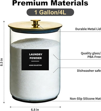2 Pack 1 Gallon Glass Laundry Detergent Dispenser for Powder, 4L Large Laundry Pods Holder with Hygienic Plastic Lids & Metal Rim, Airtight Glass Canister Set with Scoops & Labels (Gold)