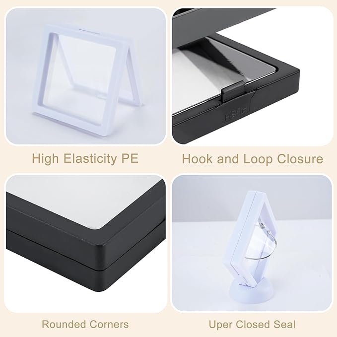 40 PCS Floating Display Case, 3D Challenge Coin Display Holder Frames with Stands, Transparent PE Jewelry Storage Box for Butterfly, Medallion, Shells, Gems, Pins, Specimen (Black, White)