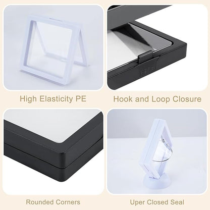 40 PCS Floating Display Case, 3D Challenge Coin Display Holder Frames with Stands, Transparent PE Jewelry Storage Box for Butterfly, Medallion, Shells, Gems, Pins, Specimen (Black, White)