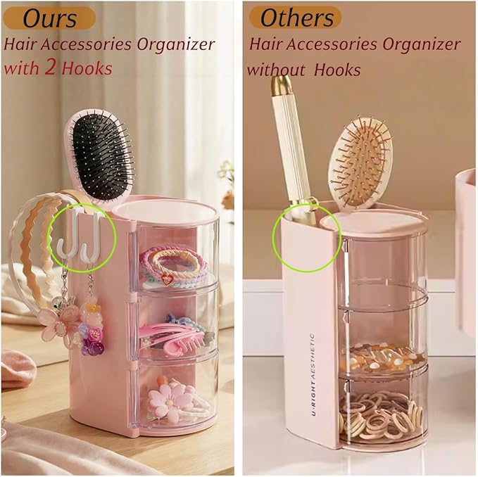Hair Accessories Organizer with 2 Hooks,3-Layer Rotatable Hair Tie Organizer With Hair Brush Holder,Vanity Organizers For Girls (Pink)