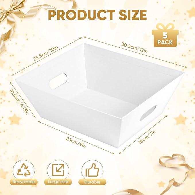 5 Pack Baskets For Gifts Empty, 10x12” White Gift Basket Kit with Clear Bags Gold Bows 200g Crinkle Cut Paper Empty Gift Baskets to Fill Large Gift Baskets for Christmas, Birthdays, Holidays, Weddings