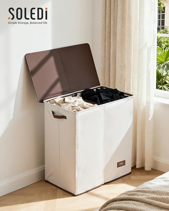 SOLEDI Large Double Laundry Hamper with Lid,165L Collapsible Clothes Hamper 2 section with Removable Bags, Space-Saving Laundry Basket for Bedroom, Dorm, College