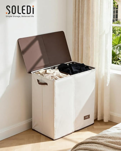 SOLEDI Large Double Laundry Hamper with Lid,165L Collapsible Clothes Hamper 2 section with Removable Bags, Space-Saving Laundry Basket for Bedroom, Dorm, College
