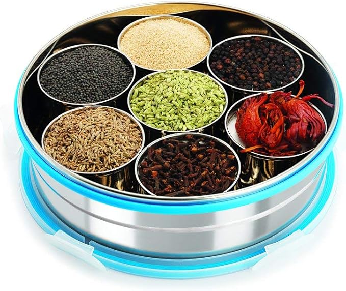 Steel Lock Stainless Steel Spice Container/Masala Dabba With Stainless Steel Wati, Silver